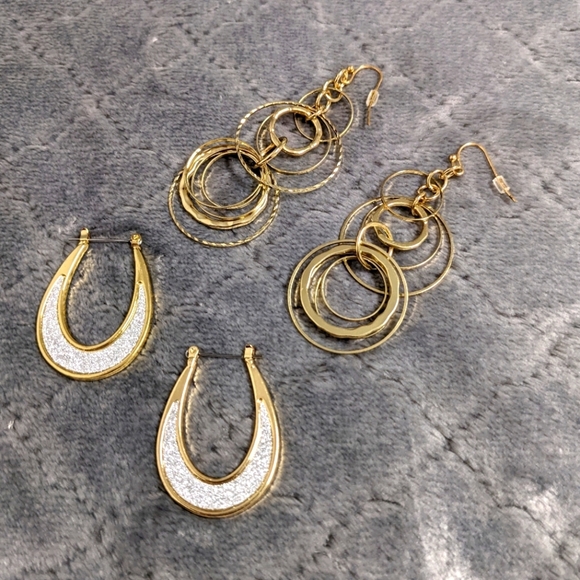 Jewelry - 2 Pair Elegant Goldtone Hoop and Dangle Pierced Earrings